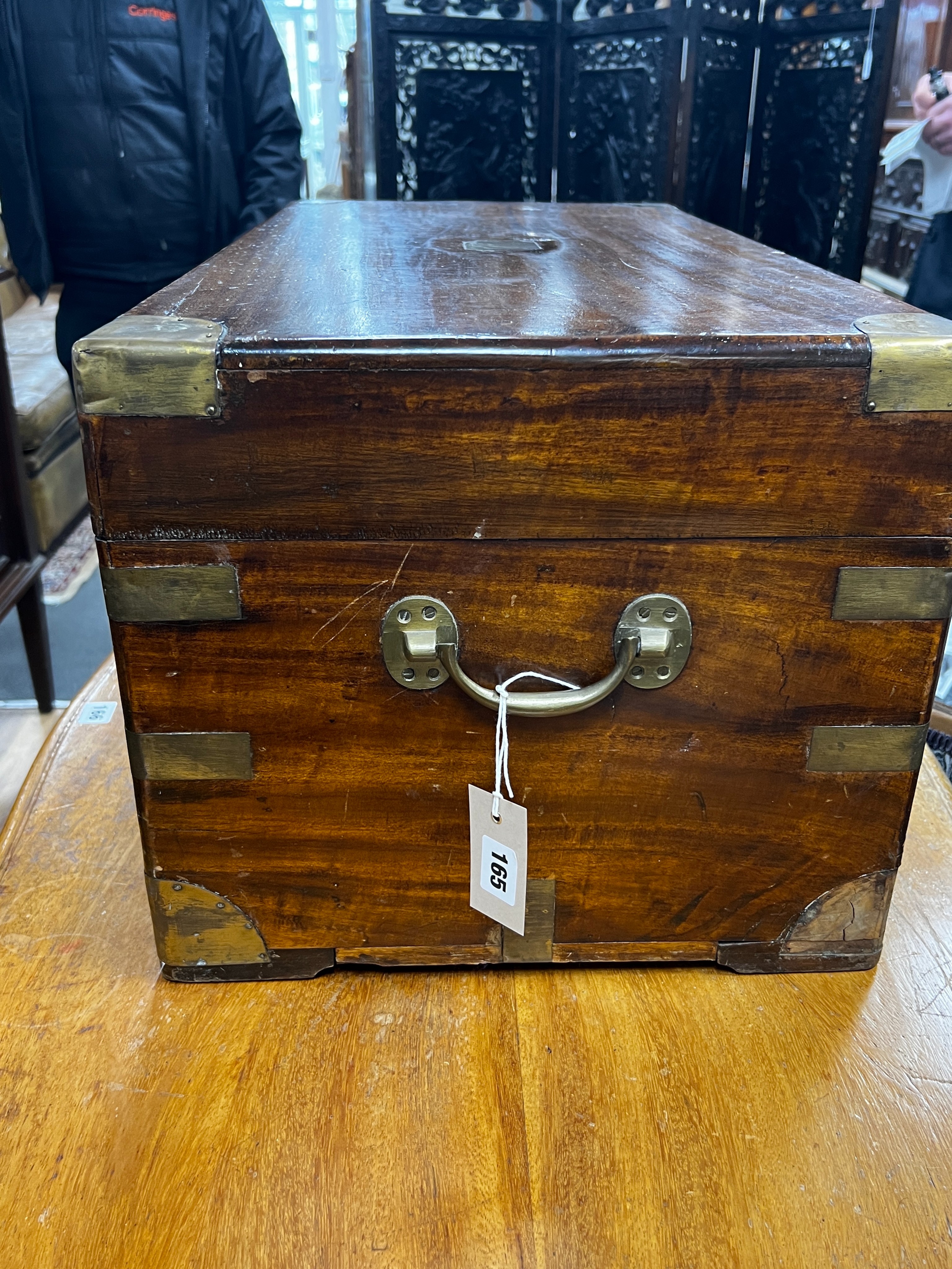 A small 19th century brass bound camphorwood trunk, length 74cm, depth 38cm, height 33cm